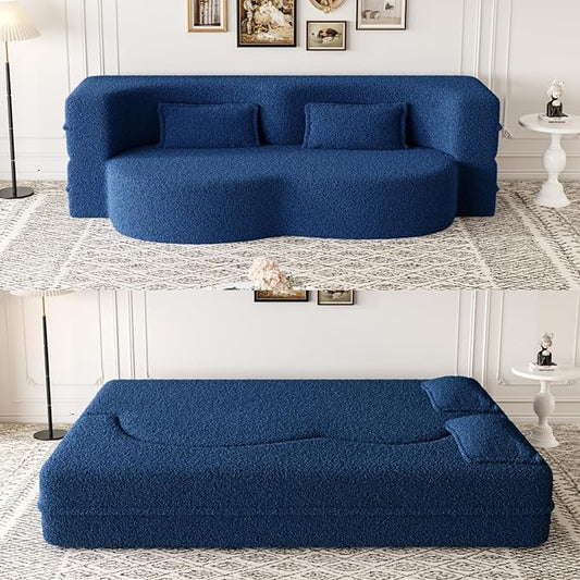 Modern 2-in-1 Convertible Sleeper Sofa Bed Compressed Foam Sofa Curved Loveseat Sofa Bubble Couch Comfy Teddy Sofa Multi-Functional Cloud Couch with Pillows for Living Room Bedroom (Blue)