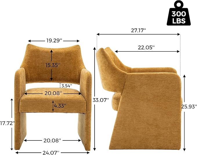 Mid-Century Chenille Accent Chair Set of 2 Geometric Open-Back Upholstered Armchair with Non-Slip Frame Cozy Reading Chair for Home &amp Office (Yellow)