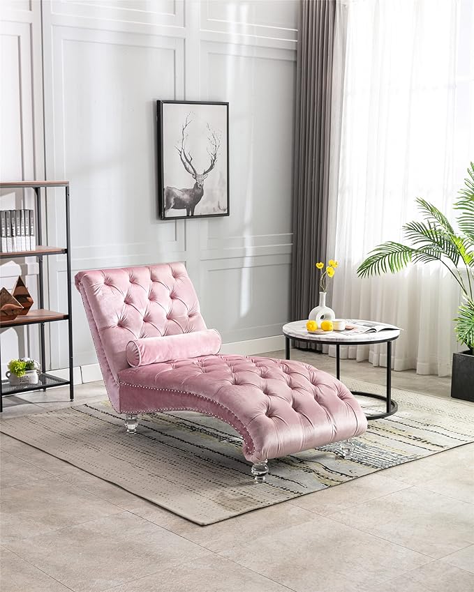 Leisure Velvet Concubine Sofa Accent Sofa Chaise Reclining Lounger Barrel Sofa with Acrylic Feet (Pink)