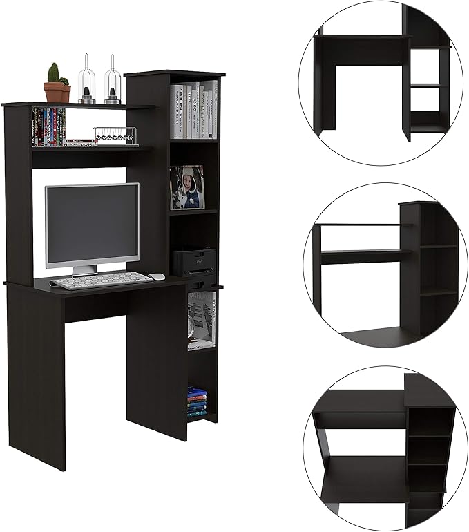 Bellemave Computer Desk with Hutch and Bookshelf Home Office Desks with 6 Storage Shelves Writing Study Desk Table Modern Compact Workstation Bookshelf Desk Black