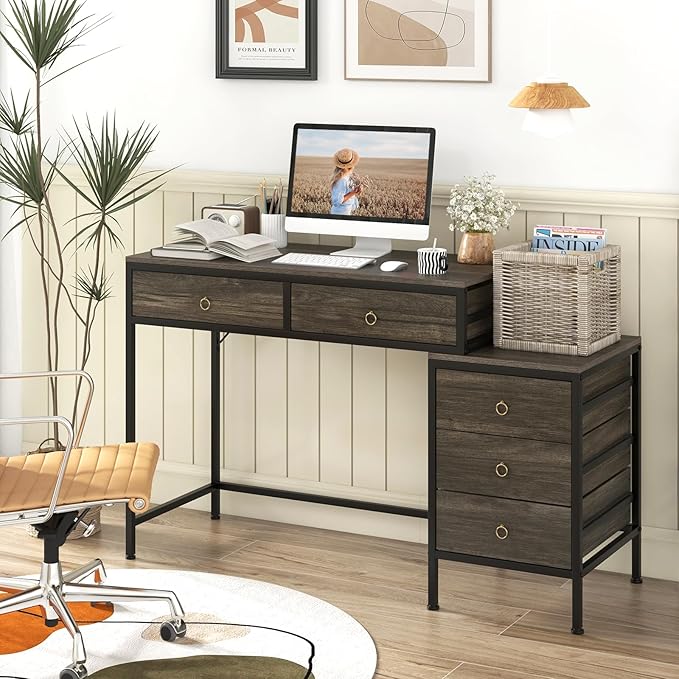 Tangkula Computer Desk with 5 Drawers 51 Home Office Desk with Printer Stand Metal Frame Study Writing Table Industrial Computer Workstation PC Desk for Bedroom Office Small Spaces (Grey)
