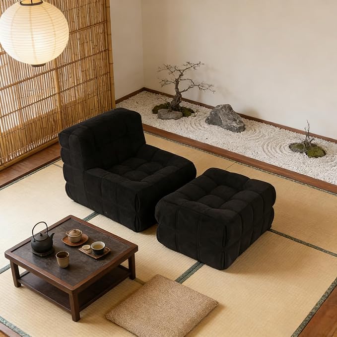 Bean Bag Chair - Memory Foam Bean Bag Chair for Adults Comfy High-Resilience Single Sofa Small Space Floor Chair Chaise Lounge for Living Room Bedroom (Black Square + Ottoman)