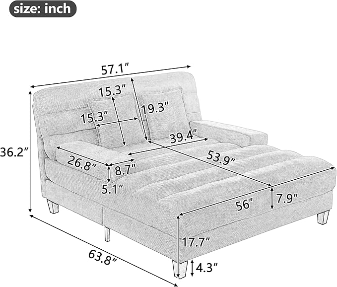 Modern Oversized Chenille Chaise Lounge Chair 57.1 Sofa Bed with Adjustable Backrest and LED Light Strip for Living Room Office (Grey/57.1)