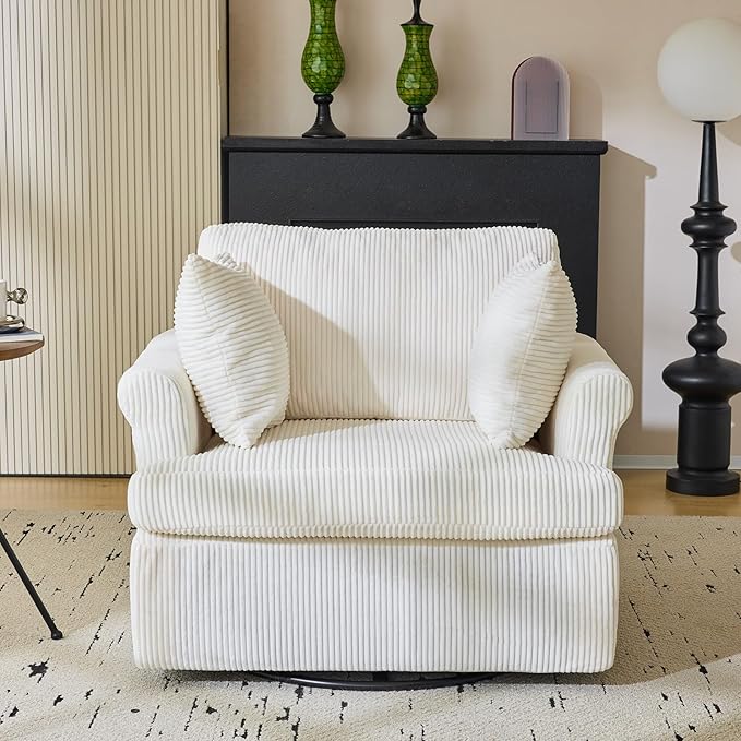 Karl home 39 Swivel Accent ChairOversized Seat Armchair W/2 Pillows and 4 PocketsModern Upholstered Corduroy Barrel ChairsComfy Single Sofa for Living RoomReadingBedroom and Office-Beige