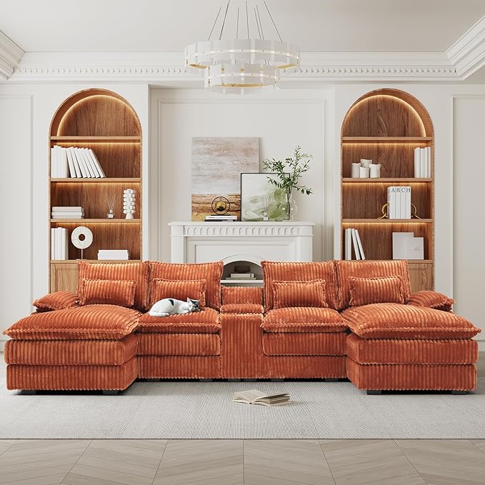 HYJT-H&ampK 124 U Shaped Cloud Couch Sectional Comfy Fluffy Plush Corduroy Orange Sectional Couches for Living Room Modern Modular Corduroy Couch Sectionals with Central Console &amp Double Chais