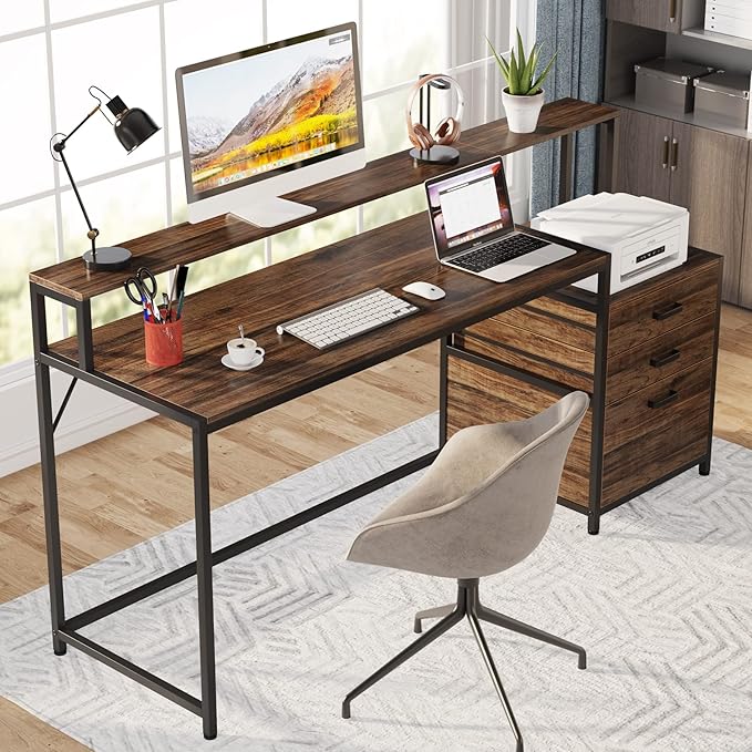 Tribesigns 63 Inch Computer Desk with File Drawer Cabinet Ergonomic Office Desk with Monitor Stand Industrial Computer Table with Printer Space Wood PC Table Workstation Desk for Home Office