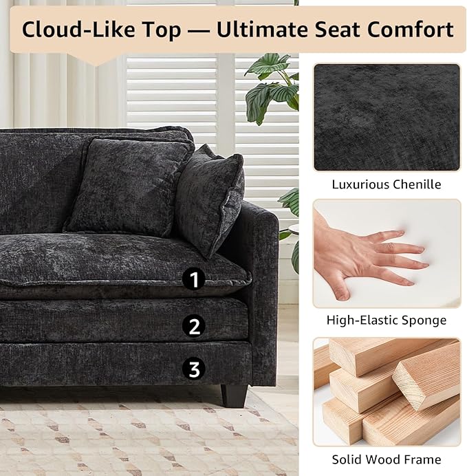 111.5 Black Modern Large Sectional Couches for Living Room Chenille L Shaped Modular Sectional Sofa Oversized 3 Seater Cloud Couch with Ottomans Deep Seat Sofas Set Sofa para Sala