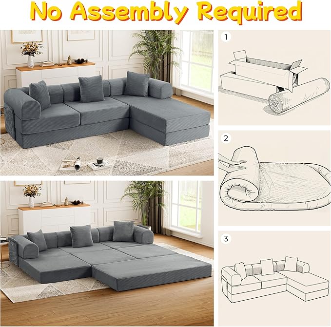 106.3 L Shape Convertible Sleeper Sofa Bed Oversized Modular Sectional Cloud Sofa with Fixed-Shape Frame &amp Storage Pocket Boneless Couch for Living Room No Assembly Required Dark Gray