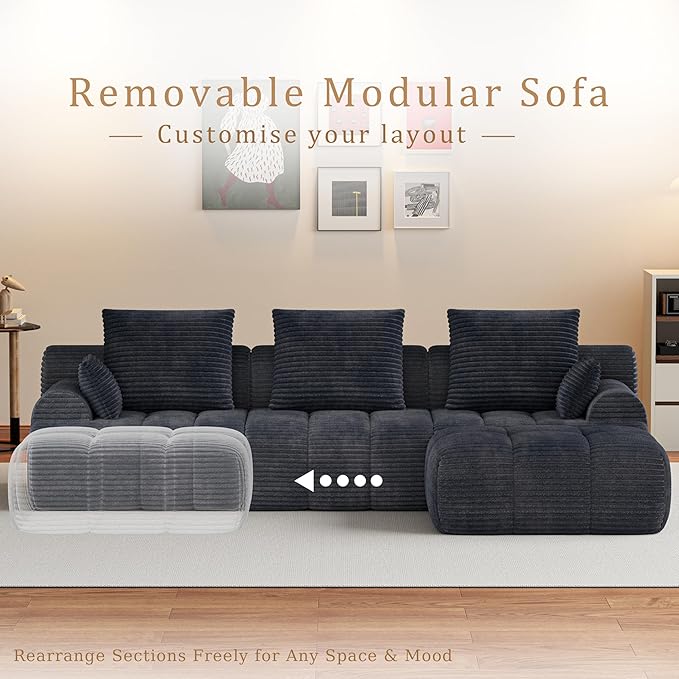 Chogori Corduroy Modular Sectional Sofa 118 Inch Boneless Cloud Couch with High Density Memory Foam Tufted L-Shaped Sofa for Living RoomNo Assembly (Gray)