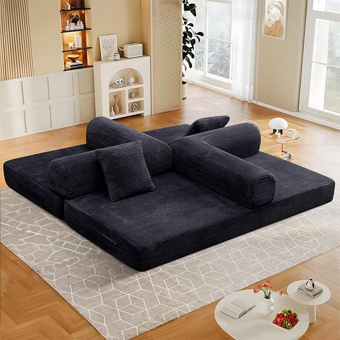 78 Convertible Sleeper Sofa Bed with Cylindrical Pillow Corduroy Folding Mattress Couch with Fixed Frame Floor Sofa Lounge Couch for Living Room Bedroom Apartment Black