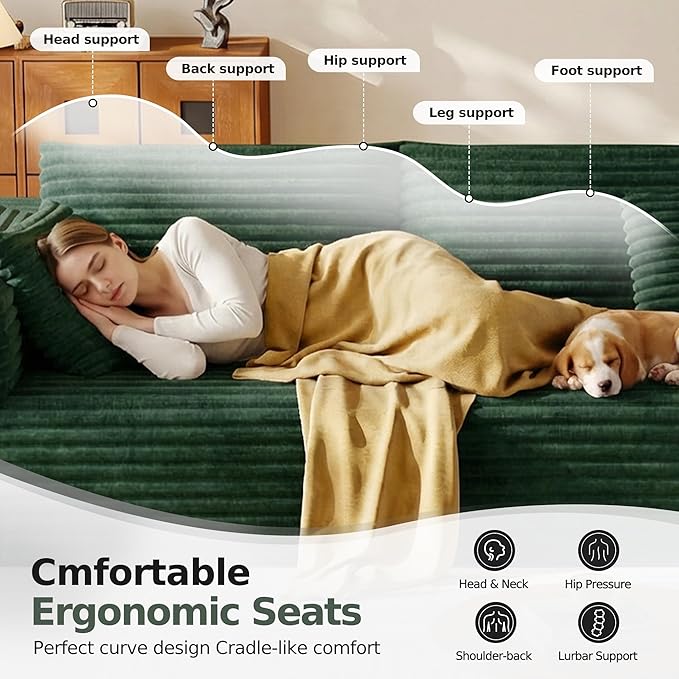 108.2 Modular Sectional Sofa with Deep Seat Boneless L Shaped Corduroy Couch Modern Comfort Cloud Couch Oversized for Living Room No Assembly (Right Facing ChaiseGreen)