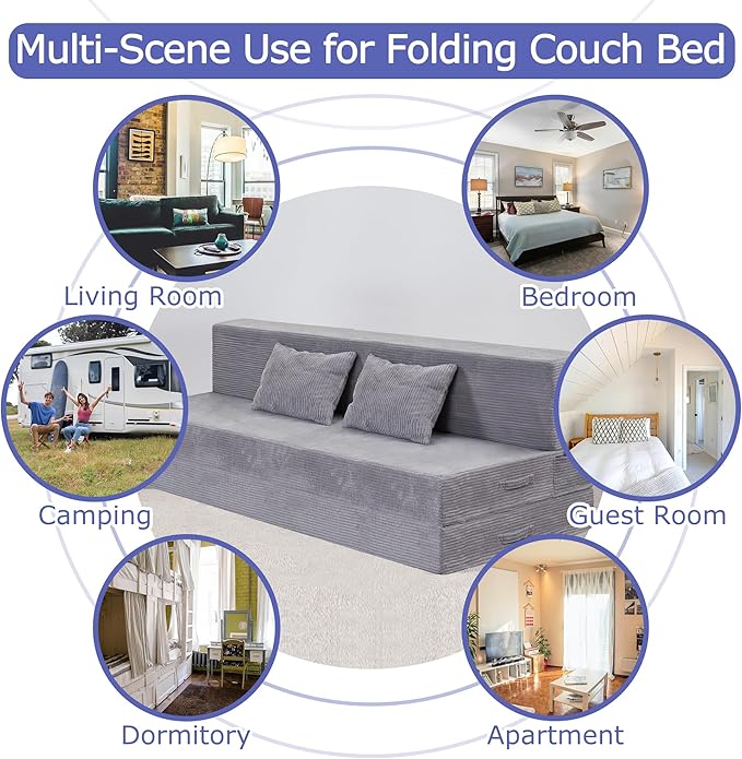 Folding Sofa Bed 4 in 1 Convertible Sleeper Chair with Pillow Queen Memory Foam Fold Out Chair Bed Modern Floor Futon Sofa Couch Mattress for Living Room/Guest/Apartment Light Gray