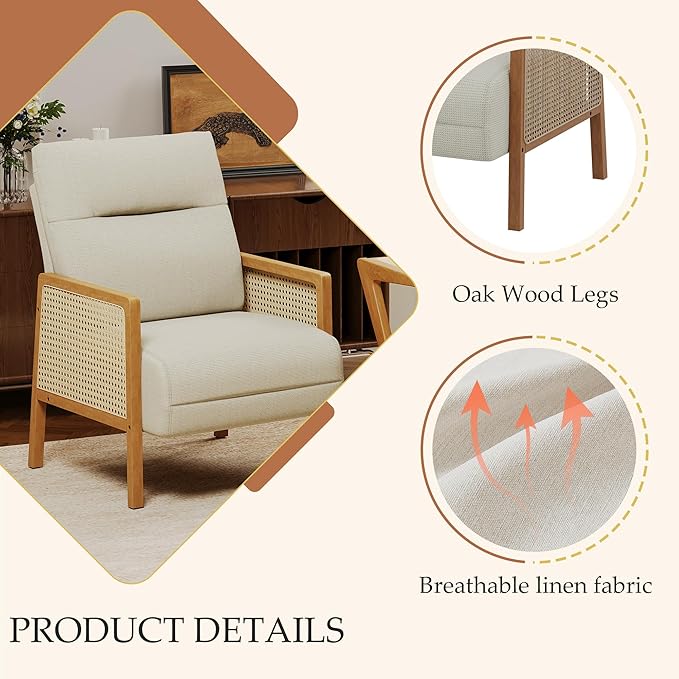 Andeworld Ivory Accent Chairs Set of 2Upholstered Modern Living Room Chairs with Natural Rattan ArmSide Chair for Bedroom Club Balcony Reception Room