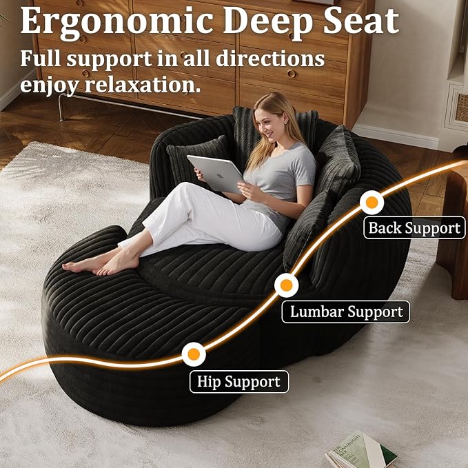 50 Oversized Chaise Lounge Indoor Round Reading Chair Lounge Chair with Ottoman Boneless Sofa Bed Large Fluffy Plush Corduroy Chaise Chair for Living Room Playroom Bedroom Black