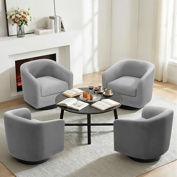 Swivel Barrel Accent Chair Modern Round Chenille Fabric Arm Chair for Living Room Bedroom Comfy Club Reading Chairs for Adults（Velvet Grey Set of 4