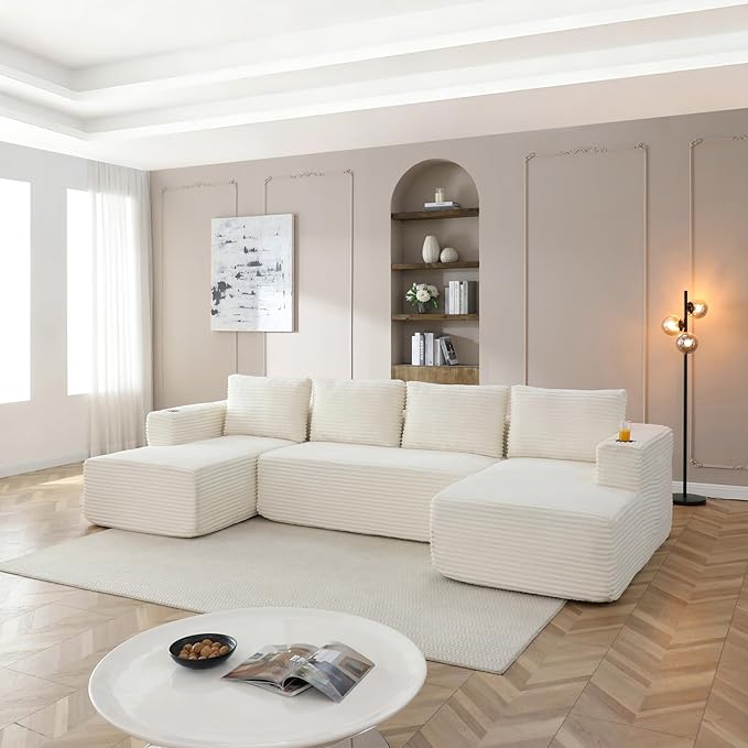 132” Oversized Modular Sectional Sofa Modern Comfy Corduroy U Shaped Couch with Cup Holders Boneless Compressed Memory Foam Cloud Couch for Living Room Office No Assembly Requiredm Beige