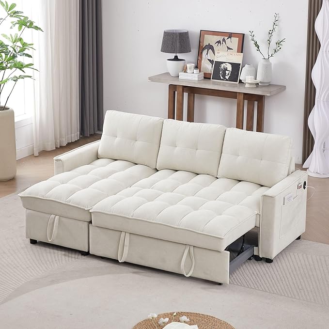 Reversible Sectional Sleeper Sofa - Pull Out Sofa Bed Couch with USB and Tape-c Charging Ports L-Shape Sleeper Sectional Couch for Living Room Office and Small Apartment (Beige)