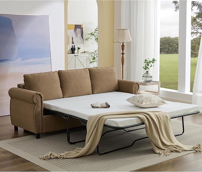 Pull Out Sofa Bed Queen Size Sleeper Sofa with Memory Foam Mattress 3 in 1 Convertible Pullout Couch Bed 3-Seater Comfy Upholstered Loveseat Sofas for Living Room Guest Room RV (Brown Linen)