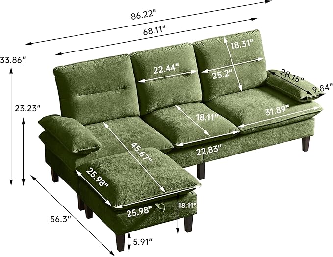 86'' Chenille Sofa with Storage Ottoman Modern Living Room Sofa with Removable Washable Cushion 3 Seater Comfy Couch for Apartment Bedroom Office (Green)