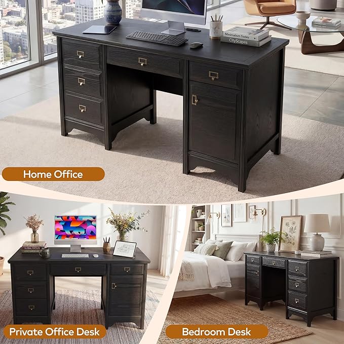 Chogori 55 Solid Wood Executive Desk Farmhouse Office Computer Desk with 5 Drawers &amp Storage Cabinet Wooden Writing Table for Home Office Study Bedroom (Black)