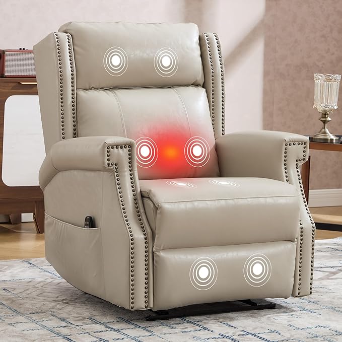 Manual Recliner Chair Faux Leather Push Back Recliners with Vibration Massage Lumbar Heat Living Room Single Sofa Reclining Rivet Design Chair Grayish Beige
