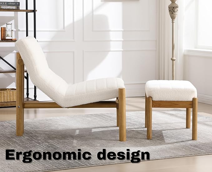 EALSON Modern Accent Chair with Ottoman White Boucle Upholstered Seater with High Backs Unique Design Wood Frame Armless for Living Room/Bedroom Reading/Office Use