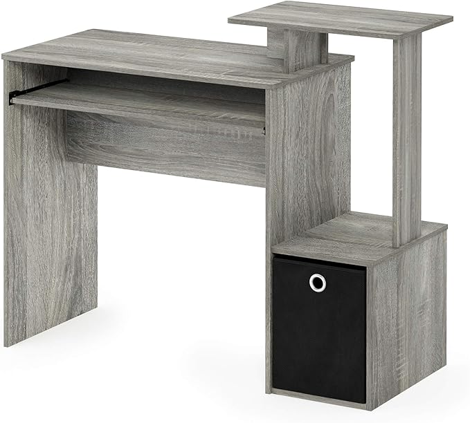 Furinno ECON Desk 40 Wide Gaming Desk with Keyboard Tray Computer Desk Office Desk with Side Shelves and Storage Bin for Home Office Grey Oak
