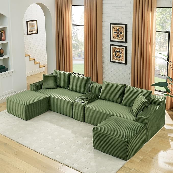 U-Shaped Cloud Sectional Couch Symmetrical Modular Compressed Boneless Sectional Sofa with Chaise Lounges and Console Plush Corduroy Boneless Corner Sofa for Living Room