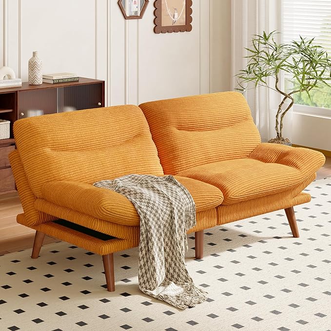 Amada 66 Convertible Futon Sofa Bed Corduroy Folding Futon Set with Adjustable Backrest &ampArmrests Recliner Lounge for Living Room Apartment or Office Solid Wood Frame Loveseat Sofa - Orange