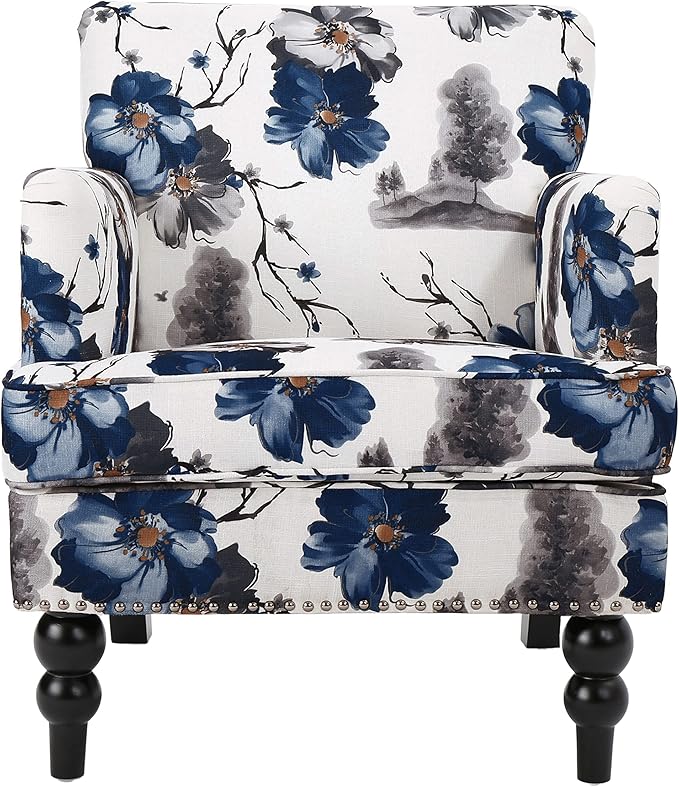 Modern Accent Chair with Arms Wooden Mid Century Upholstered Fabric Single Sofa Chair Armchair High Back Rest Comfortable Cushioned Seat for Living Room Bedroom Floral Print