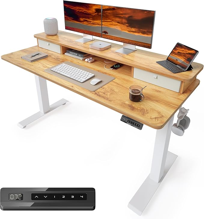 CubiCubi 55 x 24 Inch Electric Height Adjustable Standing Desk with Double Drawers 4 Adjustable Feet &amp 2 Hooks Home Office Computer Workstation Light Rustic