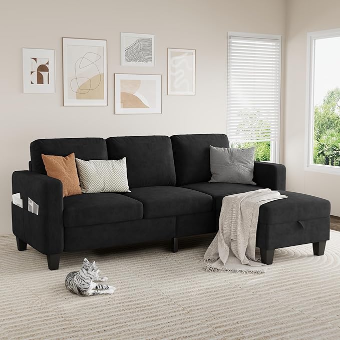 Sectional Sofa and Couches for Living Room 78'' Black 3 Seat L-Shaped Couch with Movable Ottoman Comfy Velvet Convertible Sectionals Sofas with Chaise for Apartment Dorm Small Space