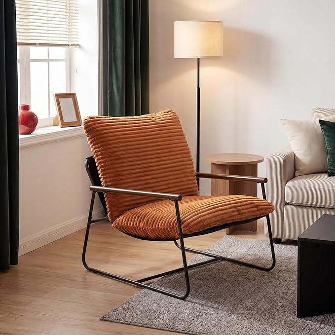 COSIEST Accent Chair for Living Room Modern Armchair with Wood Arms Retro Ribbed Upholstered Lounge Chair with Black Metal Frame Comfy Reading Chair for Bedroom Office Brown