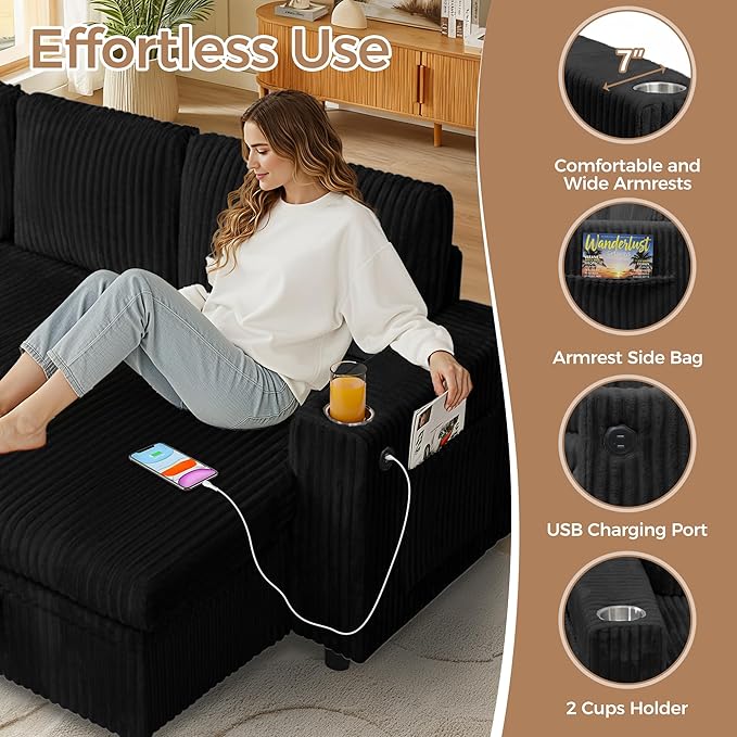 Modular Sectional Sleeper Sofa with Pull Out Bed Plush Corduroy U Shaped Couch with Storage Chaise USB Ports Cup Holders Comfy Cloud Couches for Living Room Black