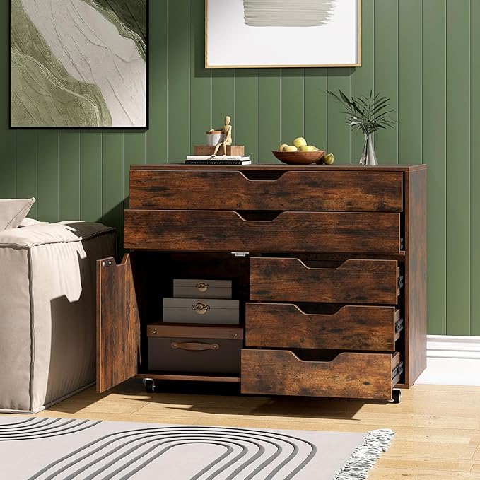 File Cabinet 5 Drawer Filing Cabinet with Door Mobile Storage Organizer Wooden Printer Stand on Wheels for Study Home Office Living Room (Rustic Brown)