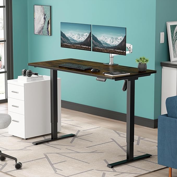 48 x 24 in One-Piece Electric Standing Desk Adjustable Height Sit to Stand Up Desk for Home Office Work &amp Study Black Frame &amp Brown Desktop (2 Packages)