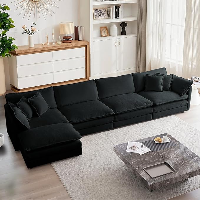 mikibama Modular Sectional Sofa 146.5 Inch L Shaped Couch Set for Living Room 4-Seater Comfy Cloud Couches with Movable Ottoman DIY Combination Chenille Black