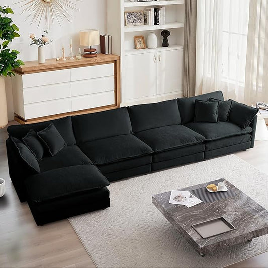 mikibama Modular Sectional Sofa 146.5 Inch L Shaped Couch Set for Living Room 4-Seater Comfy Cloud Couches with Movable Ottoman DIY Combination Chenille Black
