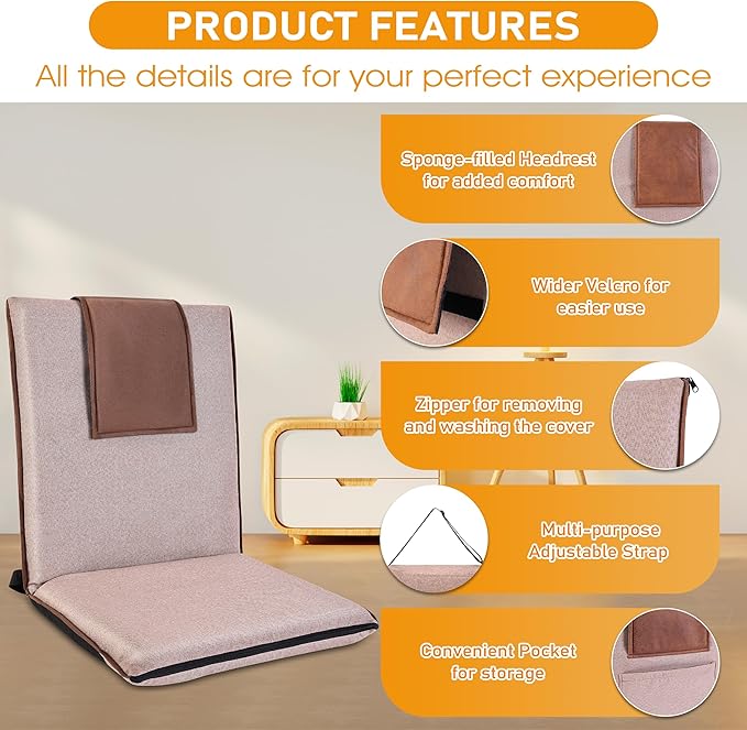 Floor Chair with Back Support 14-Position Adjustable Floor Chair Portable Ground Seating for Adults &amp Kids Foldable Meditation Seat with Japanese KOYO Bearings &amp Washable Linen Cover (Coffee)