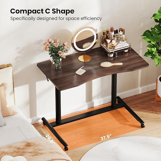 DORTALA Ergonomic Sit Stand Desk Adjustable Desk on Wheels Mobile Bedside Computer Desk w/Lockable Casters Sturdy Steel Frame for Living Room Bedroom Office Brown