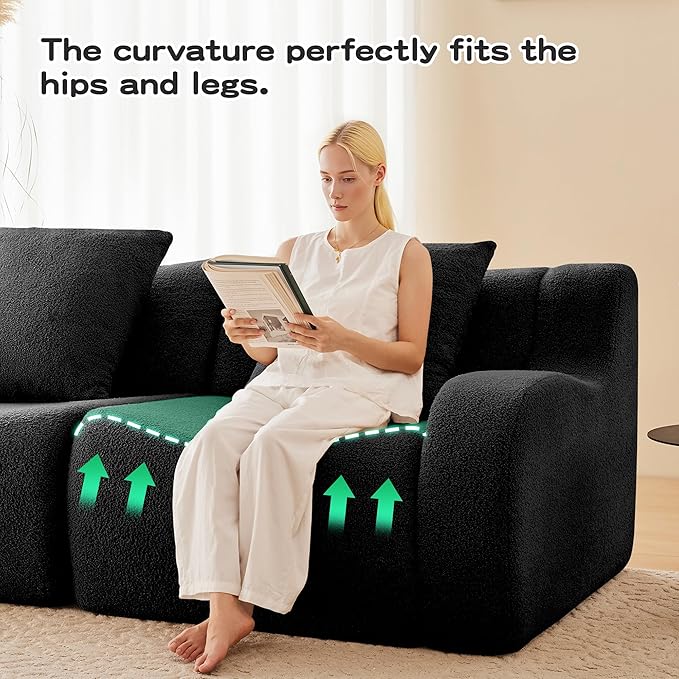 KEIKI 148 L-Shaped Oversized Teddy Modular Sectional Sofa with 1 Ottoman &amp High-Density Foam Cushions &amp Curved Armrest &amp 4 Pillows Streamlined Design Boneless 4-Seater Couch for Living