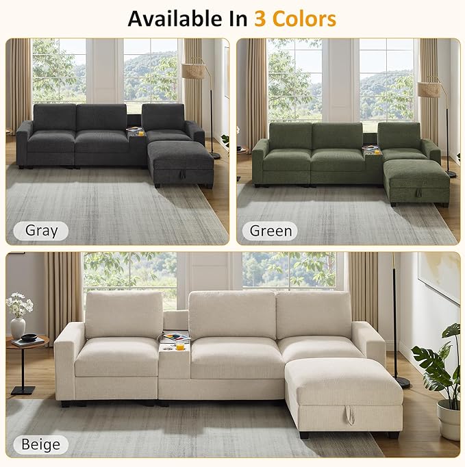 VANOMi 118 Convertible Sectional Sofa with Storage Ottoman Comfy 3 Seater Chenille Fabric Couch with Charging Ports &amp Cup Holders Modern L Shaped Couches for Living Room Apartment (Green)