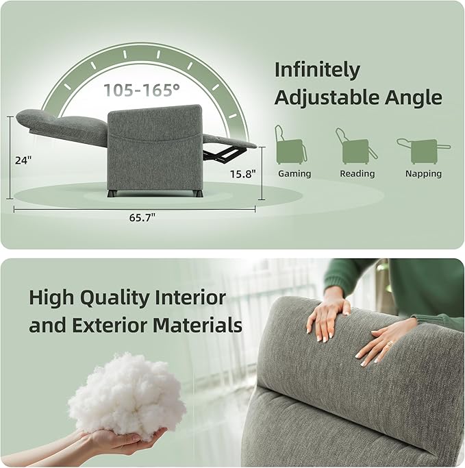 Electric Recliner for Adults Adjustable Home Theater Seating with Footrest &amp Padded Seat Ergonomic Recliners Chair with 2 Side Pockets for Living Room Light Gray