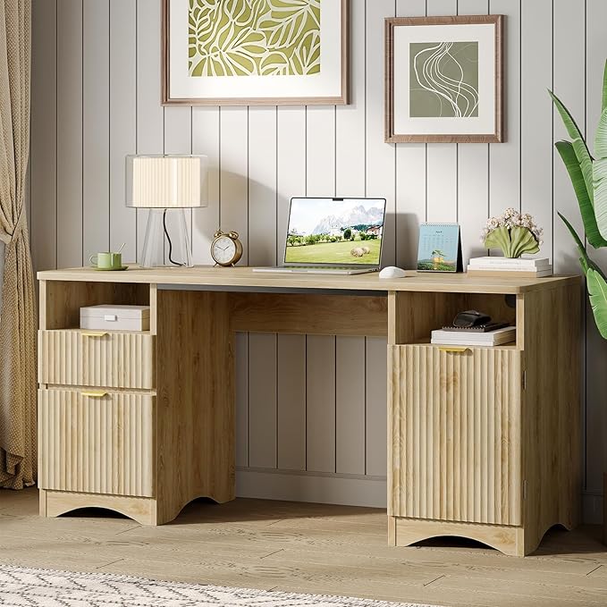 Bestier Computer Desk with 2 Drawer 59 inch Office Desk with Storage Cabinet &amp 2 Open Storage Fluted Executive Desk for Home Office &amp Studio Brown Oak