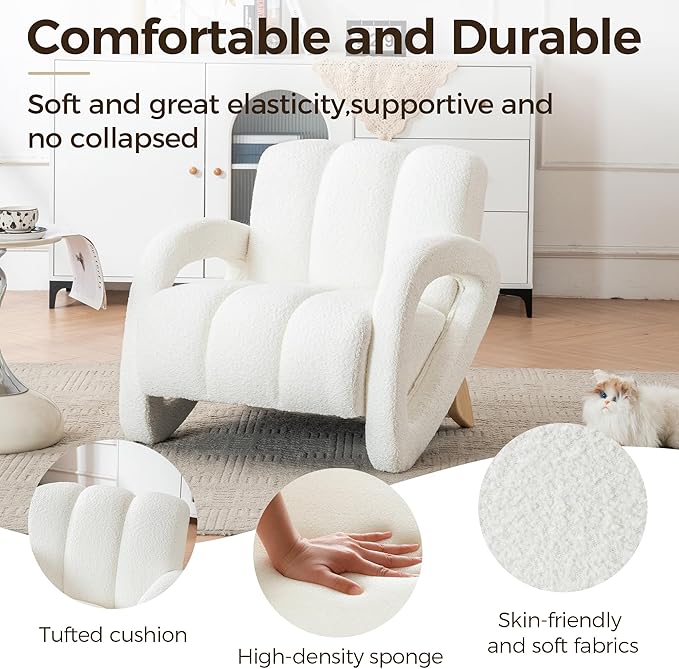 Mid Century Modern Accent Chair Set of 2 with Solid Wood Frame Upholstered Living Room Chairs with Thick Cushion Boucle Tufted Armchair for Bedroom Reading Room Ivory