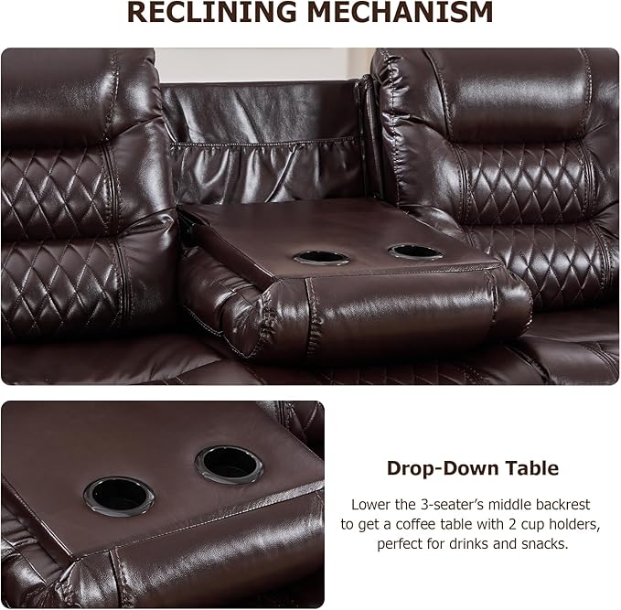 EBELLO Manual Reclining Sofa for Living Room Faux Leather 3 Seater Reclining Couch Chair Vintage Rivet Mid-Century Modern Design Furniture for Living Room Meeting Room Dark Brown