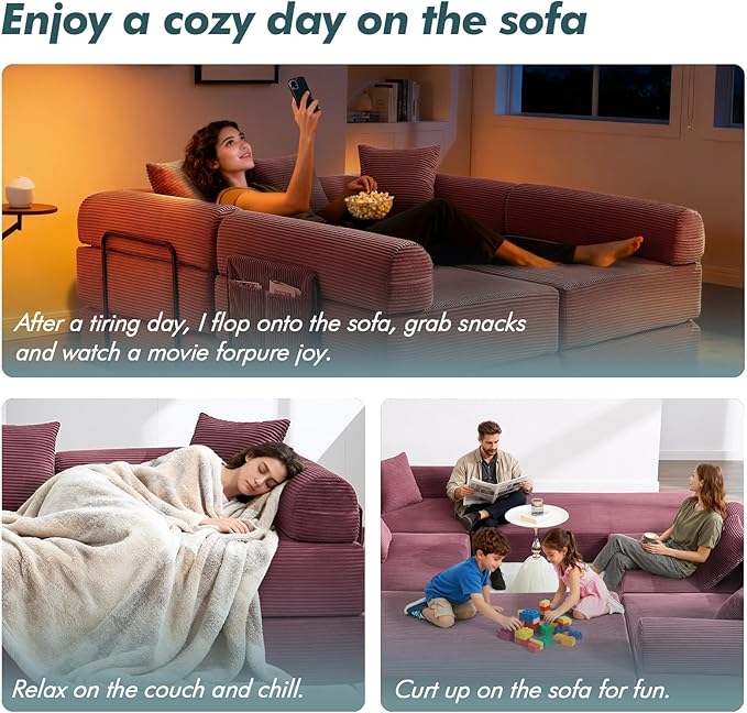 10-in-1 Folding Convertible Sofa Bed 141 Inch Boneless Couch with Fixed-Shape Frame Corduroy Modular Sectional Sofa Mattress Sleeper Sofa Floor Sofa Futon Couch for Living Room (Wine Red)