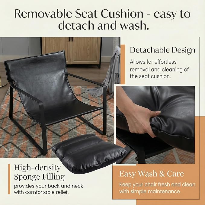 DUOMAY Mid-Century Accent Chair Armchair Set of 2 Comfy PU Leather Leisure Chair Lazy Chair with Metal Leg for Living Room Bedroom Office Apartment Black