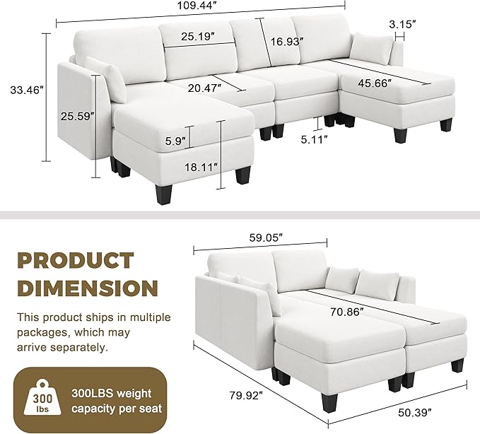 Modular Sectional Sofa Comfy Cloud Couch Sectionals Convertible Modular Couch with High Density Memory Foam 6 Seat U Shaped Sectional Couches for Living Room Washable Cover White | Comfortable C
