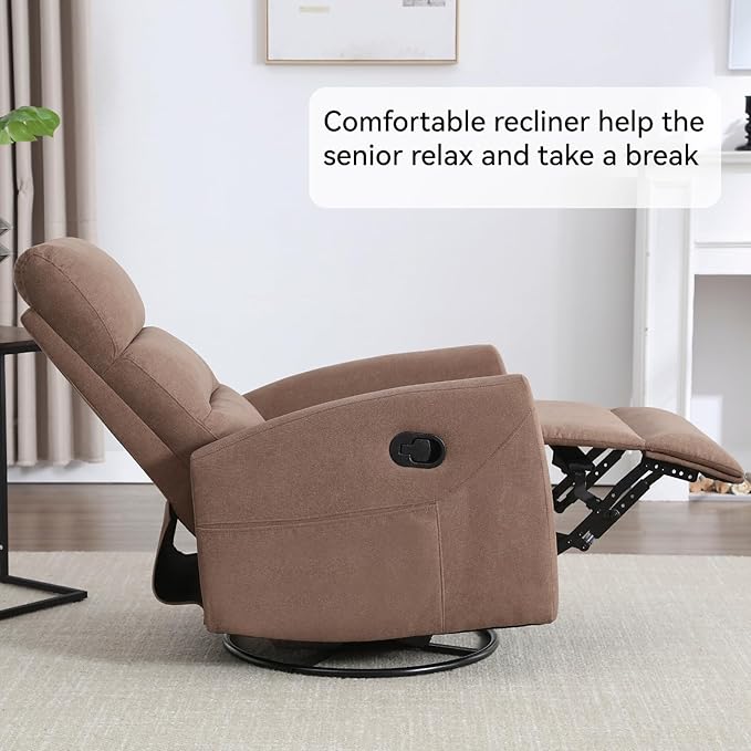 Swivel Rocker Recliner Chair for Adults Rocking Recliner Chair Rocker Nursery Glider ChairRocker Recliners for Small Spaces Manual Recliner Single Sofa for Living Room NurseryRV(Brown)